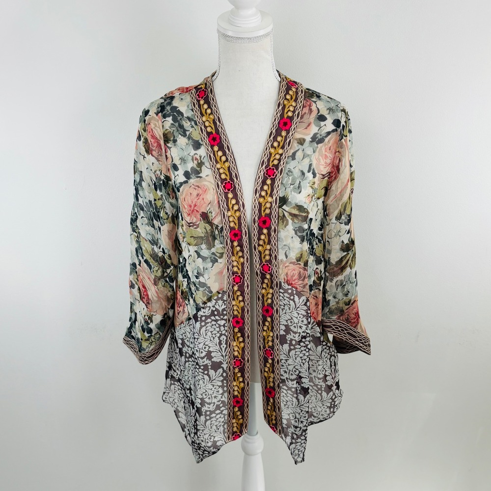 Soft Surroundings Kimono Womens XS Open Cardigan Semi Sheer Floral Embroidered - Picture 2 of 10